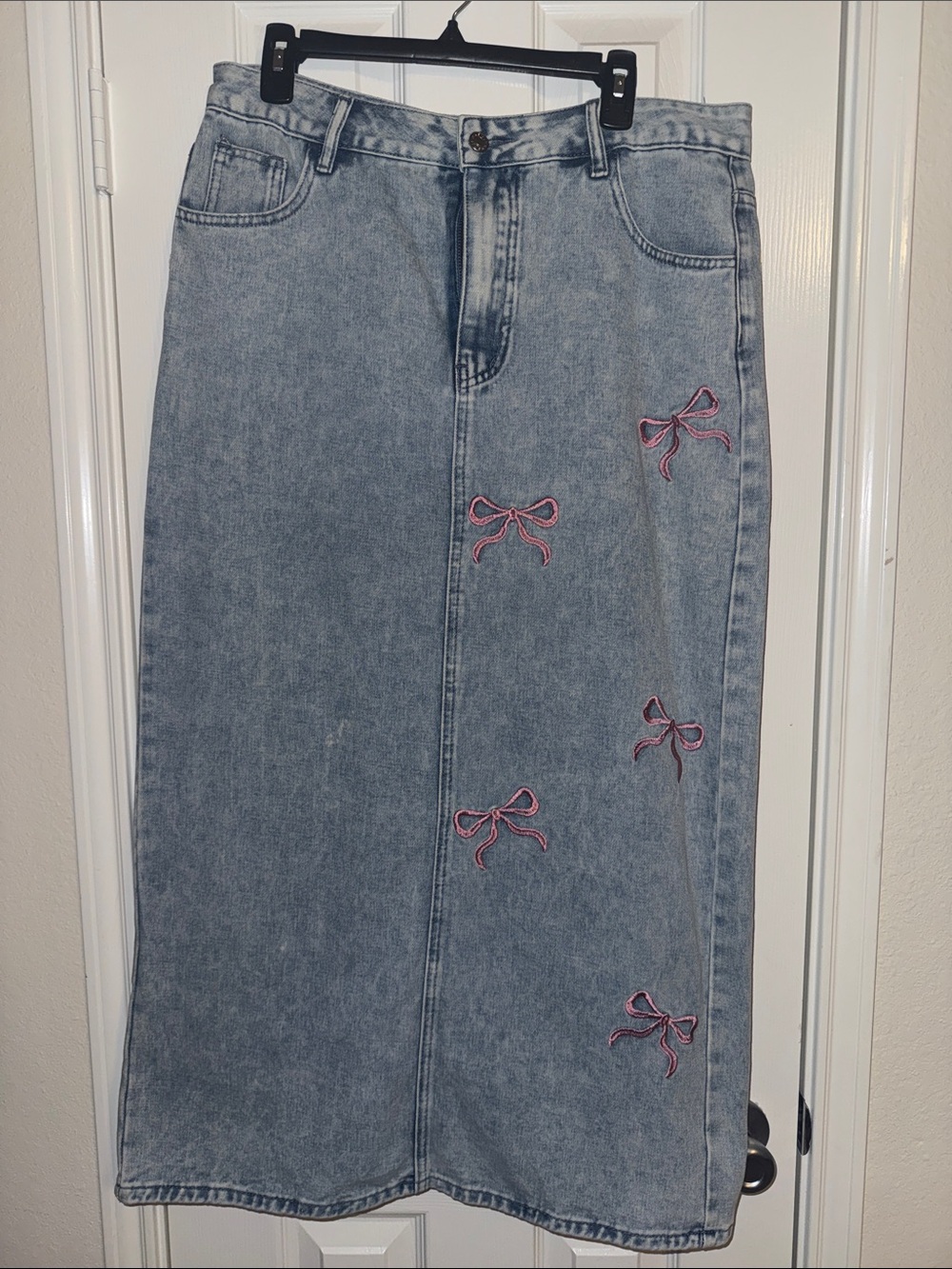Denim Midi Skirt with Pink Bow Embroidery